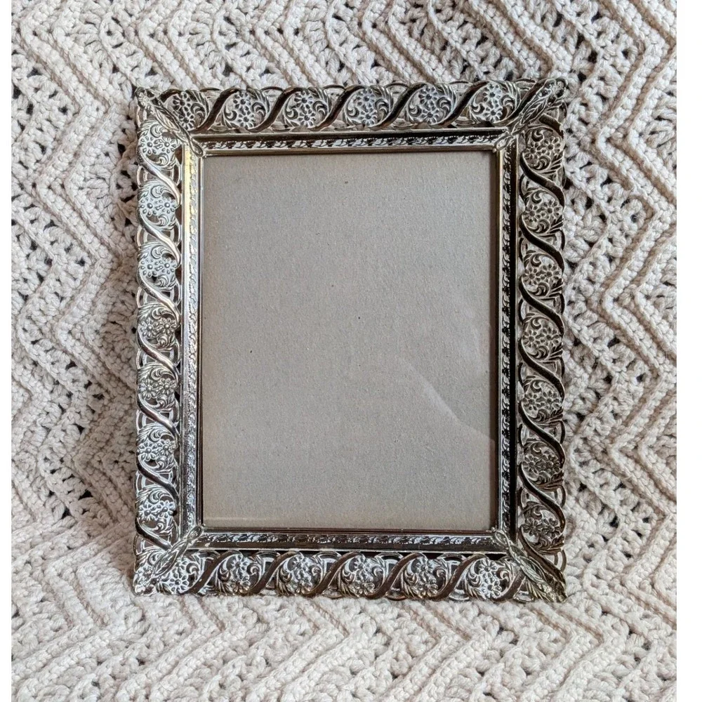 Vintage Ornate Silver Filigree Metal Picture Frame Floral Scroll 8x10 Tabletop